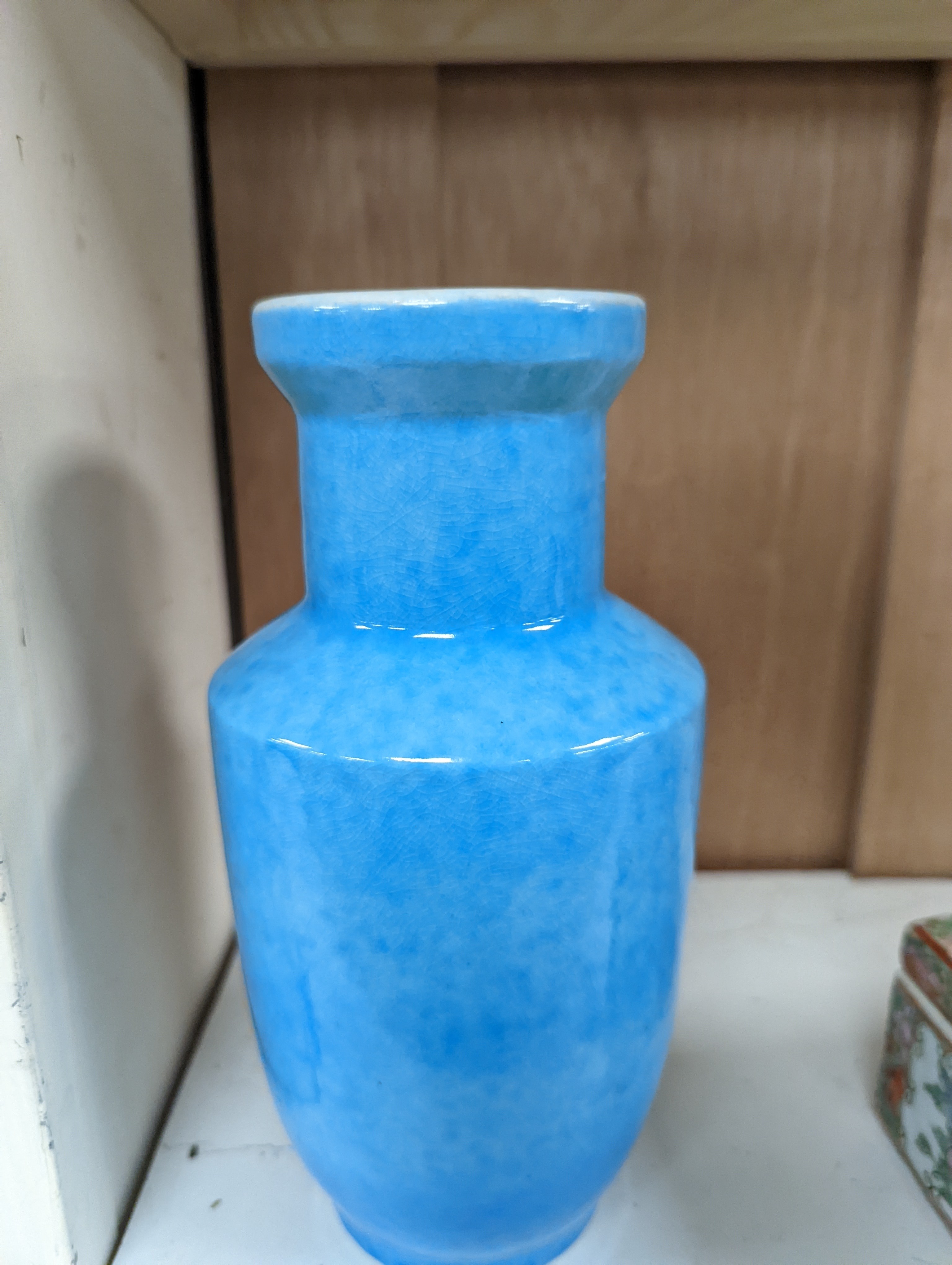 A Chinese turquoise glazed vase 22cm, with a fine crackle to the exterior glaze